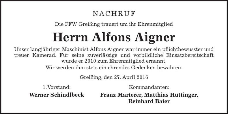 Traueranzeige Alfons Aigner