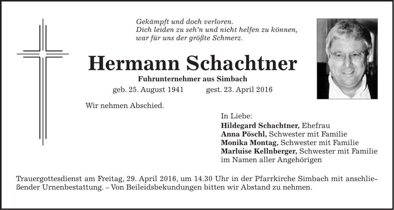 Traueranzeige Hermann Schachtner