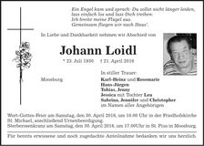 Traueranzeige Johann Loidl