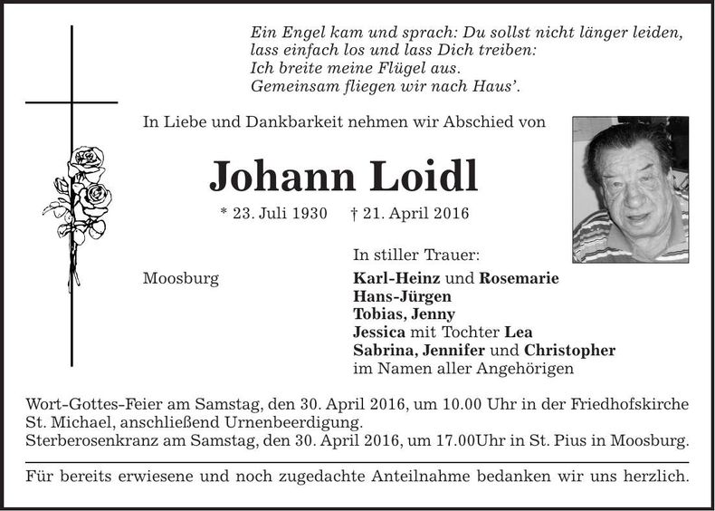 Traueranzeige Johann Loidl