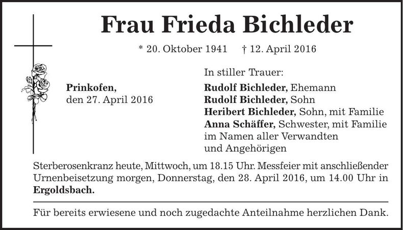 Traueranzeige Frieda Bichleder