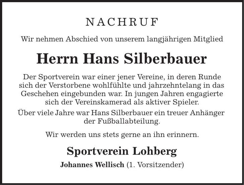 Traueranzeige Hans Silberbauer