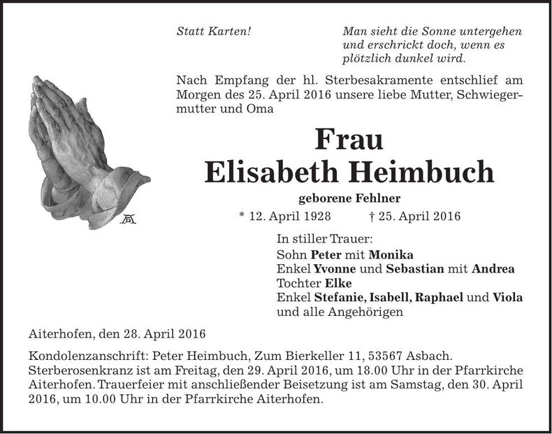 Traueranzeige Elisabeth Heimbuch