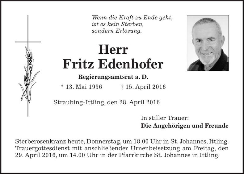 Traueranzeige Fritz Edenhofer
