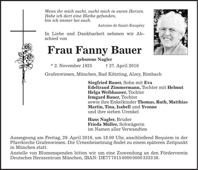 Traueranzeige Franziska Bauer