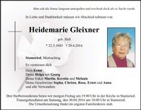 Traueranzeige Heidemarie Gleixner