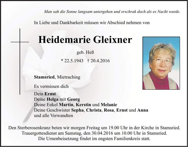 Traueranzeige Heidemarie Gleixner
