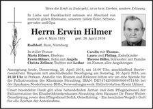 Traueranzeige Erwin Hilmer