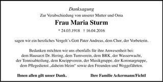 Traueranzeige Maria Sturm