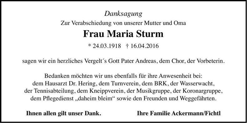 Traueranzeige Maria Sturm
