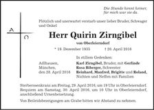 Traueranzeige Qurin Zirngibl