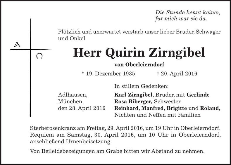 Traueranzeige Qurin Zirngibl