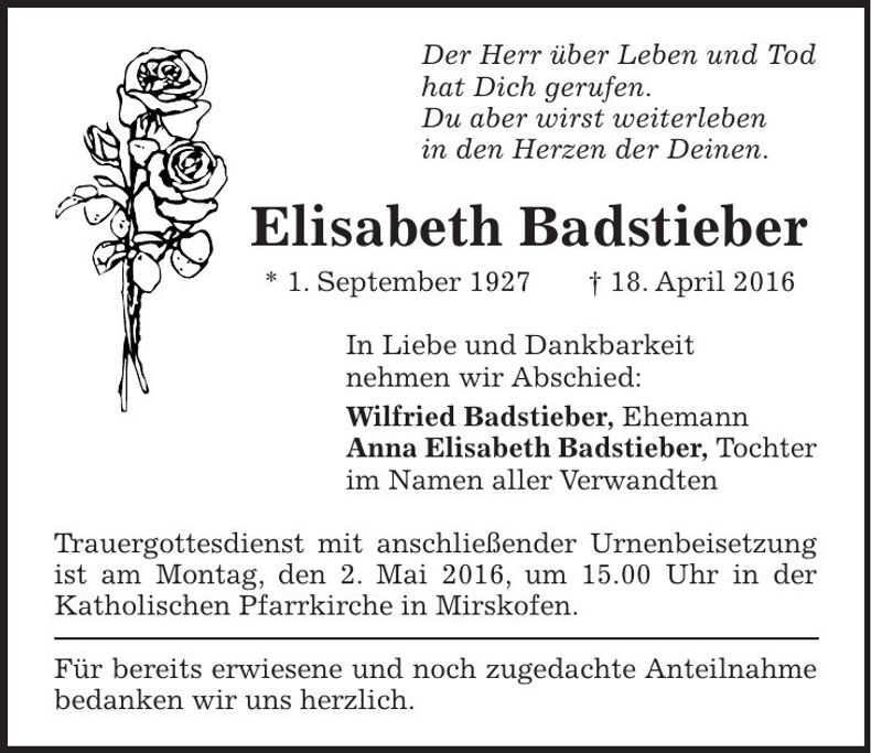 Traueranzeige Elisabeth Badstieber