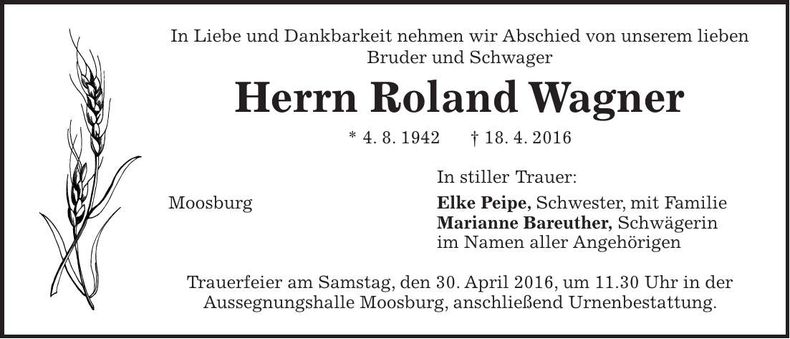 Traueranzeige Roland Wagner
