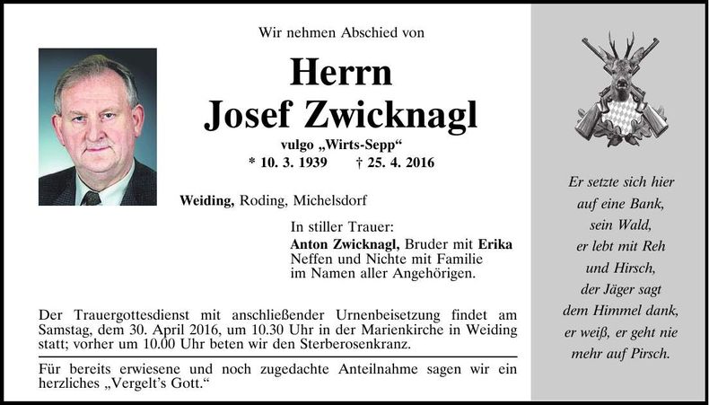 Traueranzeige Josef Zwicknagl