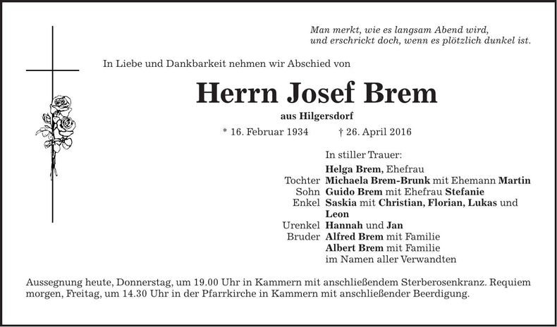 Traueranzeige Josef Brem