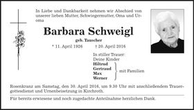Traueranzeige Barbara Schweigl