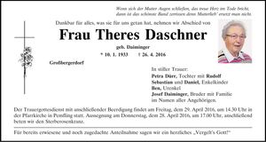 Traueranzeige Theres Daschner