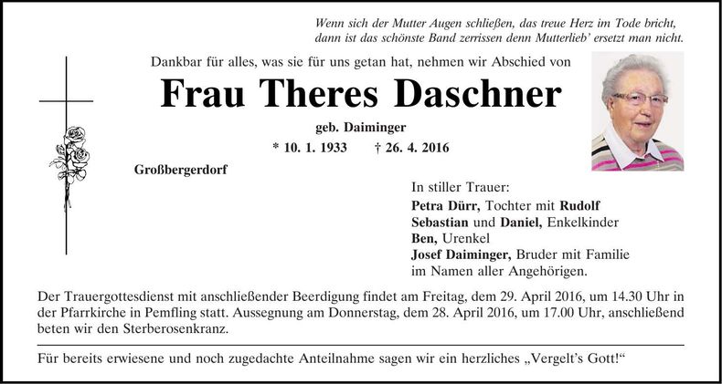Traueranzeige Theres Daschner