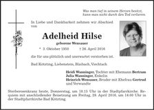 Traueranzeige Adelheid Hilse