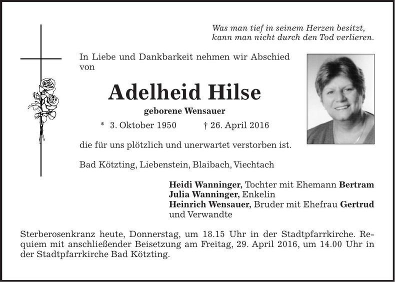 Traueranzeige Adelheid Hilse