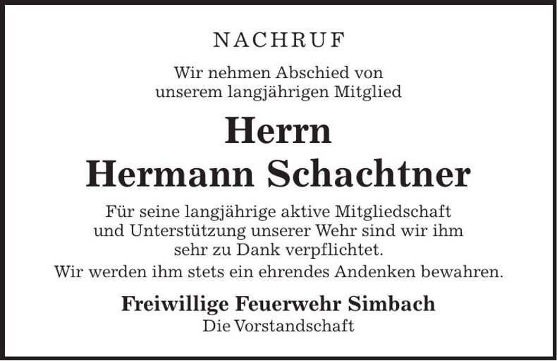 Traueranzeige Hermann Schachtner