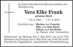 Traueranzeige Vera Elke Frank