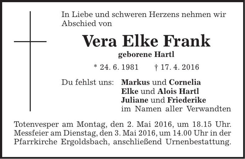Traueranzeige Vera Elke Frank