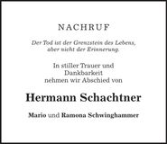 Traueranzeige Hermann Schachtner