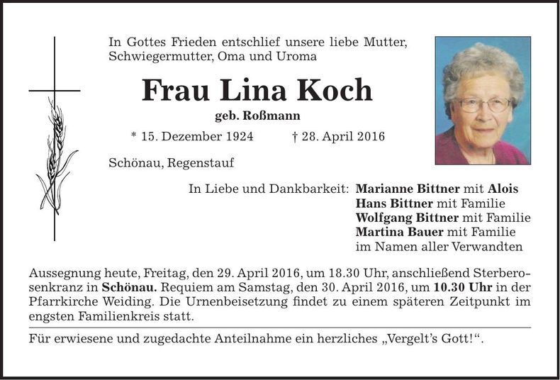 Traueranzeige Lina Koch