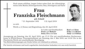 Traueranzeige Franziska Fleischmann