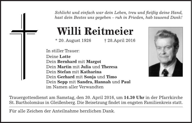 Traueranzeige Willi Reitmeier