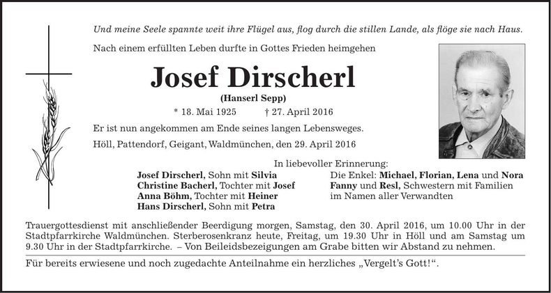 Traueranzeige Josef Dirscherl