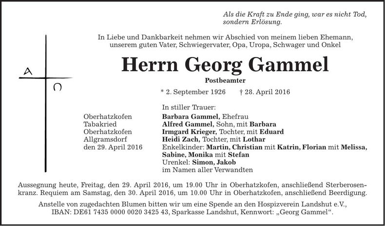 Traueranzeige Georg Gammel