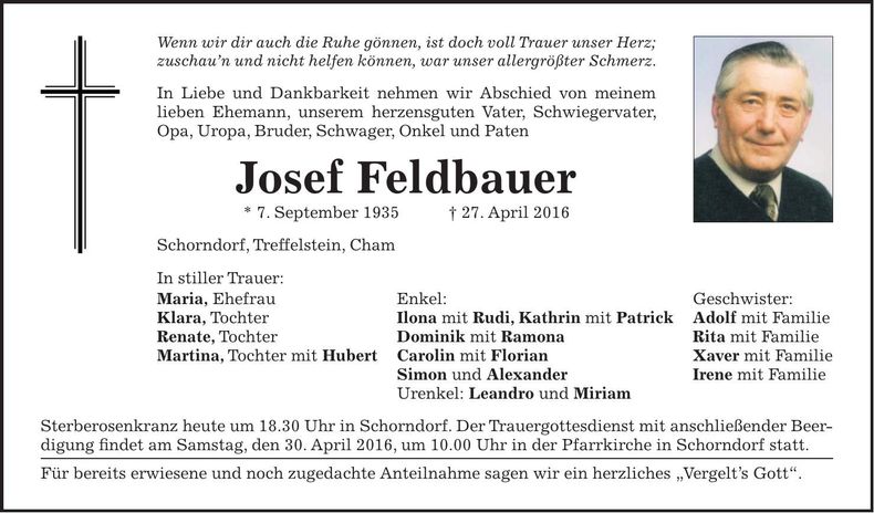 Traueranzeige Josef Feldbauer