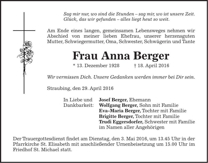 Traueranzeige Anna Berger