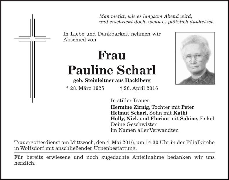 Traueranzeige Pauline Scharl