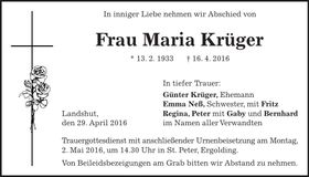 Traueranzeige Maria Krüger
