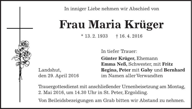 Traueranzeige Maria Krüger