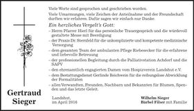 Traueranzeige Gertraud Sieger