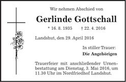 Traueranzeige Gerlinde Gottschall