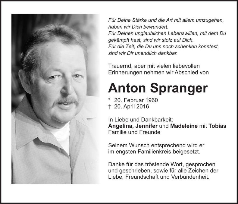 Traueranzeige Anton Spranger