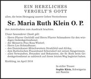 Traueranzeige Sr. Maria Ruth Klein