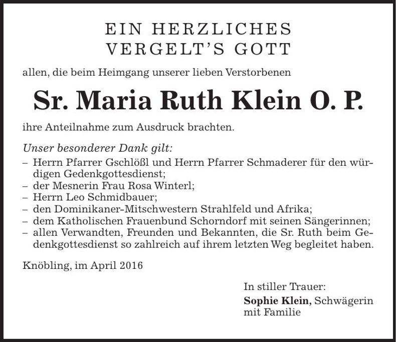 Traueranzeige Sr. Maria Ruth Klein
