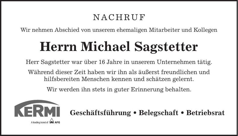 Traueranzeige Michael Sagstetter