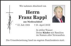 Traueranzeige Franz Rappl