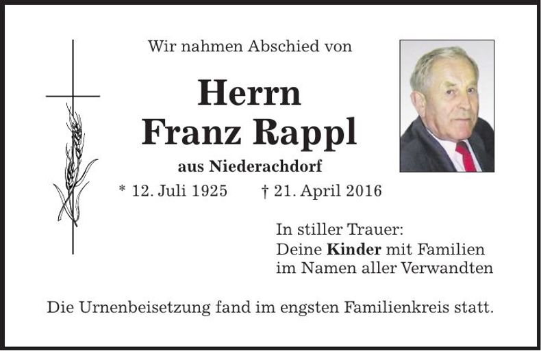 Traueranzeige Franz Rappl