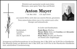 Traueranzeige Anton Mayer