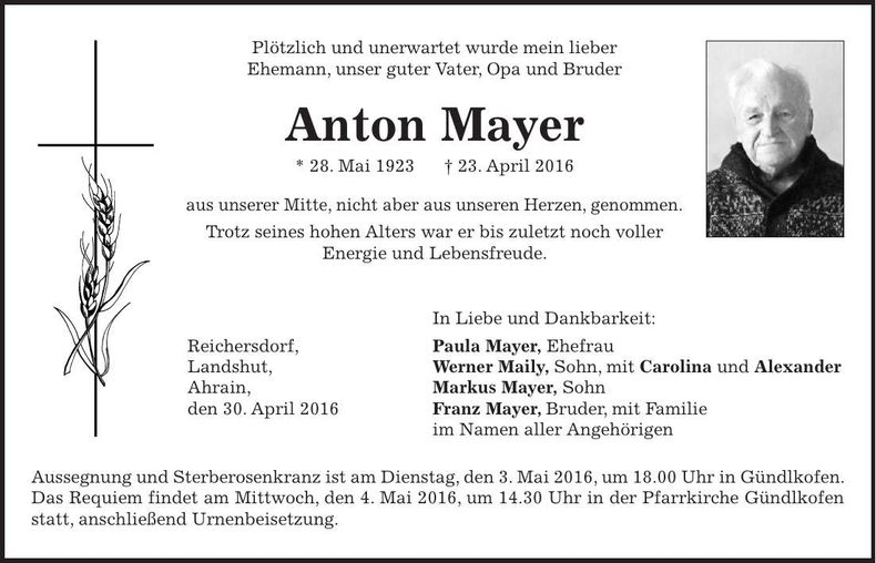 Traueranzeige Anton Mayer