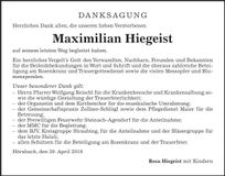 Traueranzeige Maximilian Hiegeist